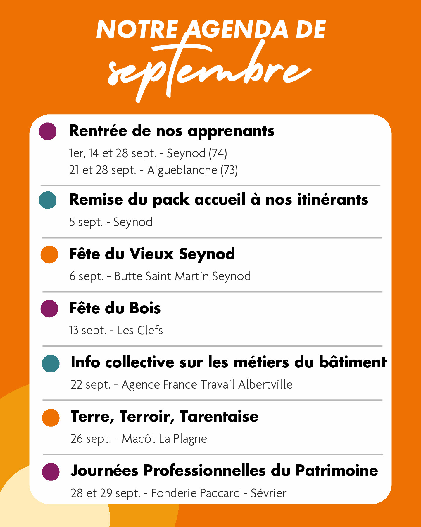 Notre agenda de septembre